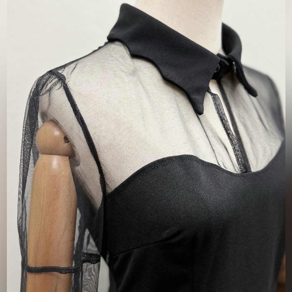 Black Sheer Mesh Collar Dress Women Size M Polyester Spandex Fit & Flare - Picture 2 of 14